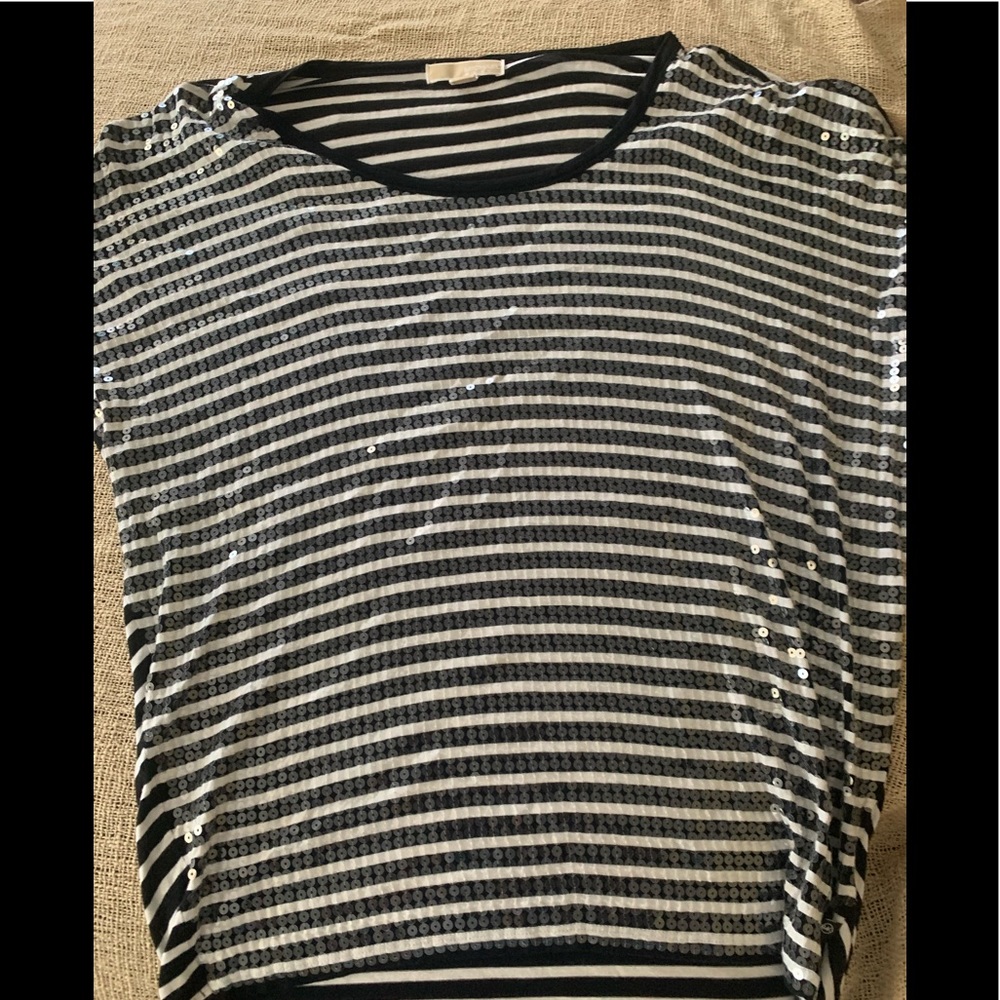 Michael Kors Black Whitestriped Sequined Top Large